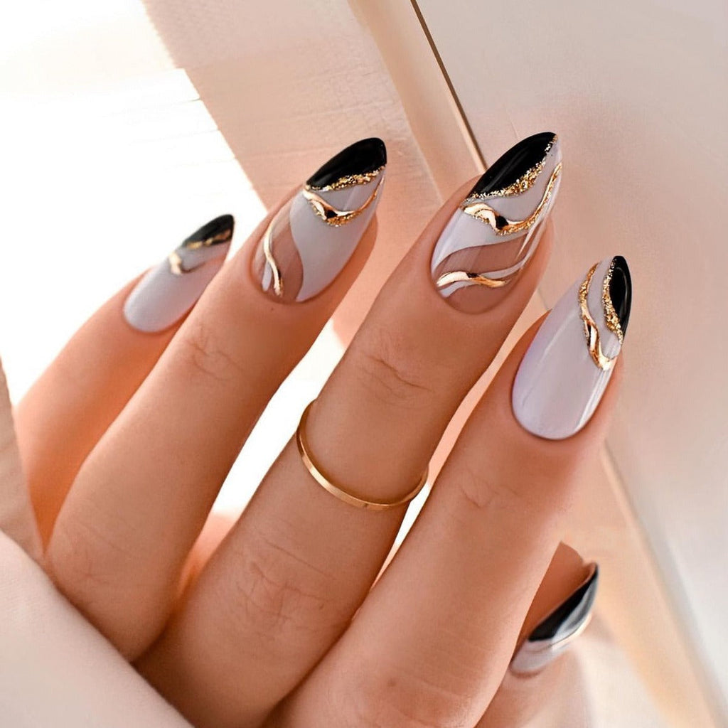 French Almond Press-On Nails – Gold Corrugated Finish