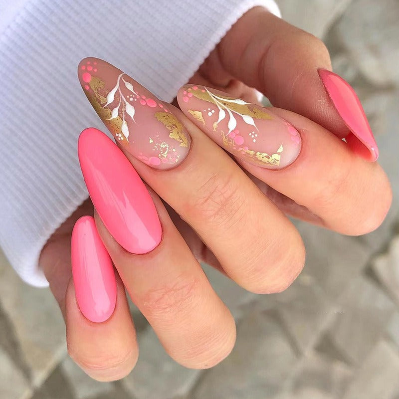 Pink Dot & Gold Foil Press-On Nails – Floral Nail Art