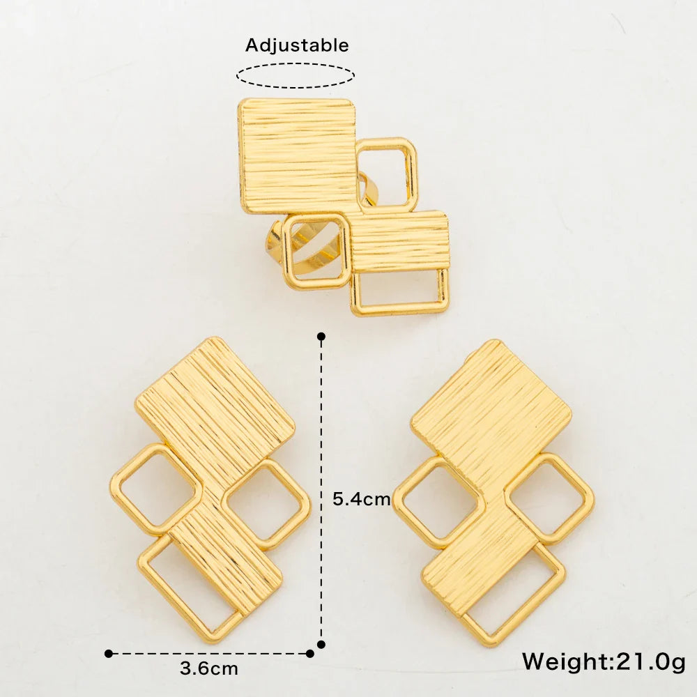 18k Gold Color Earrings with Ring Jewelry Set for Bridal African Clip Earrings and Finger Ring 2Pcs Set for Engagement Jewellery