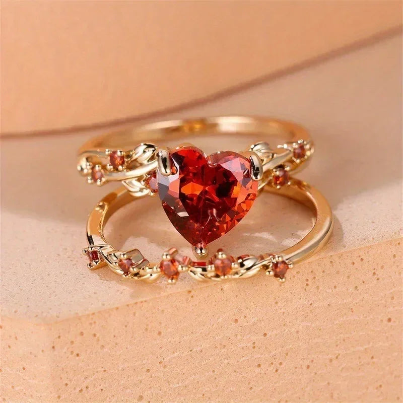 Heart Shaped Ring Set – Rose Gold with Colored Stones