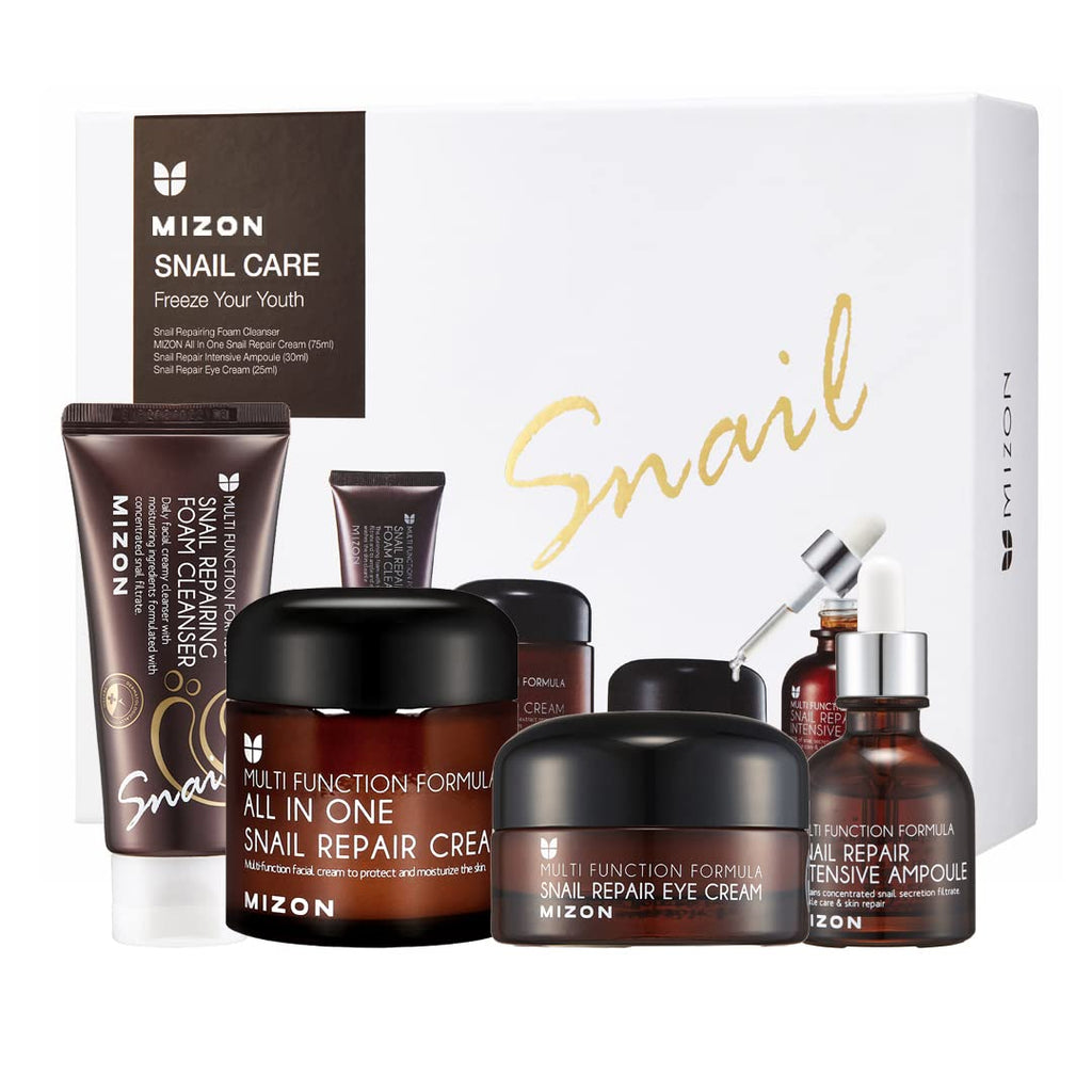 Full Korean Skincare Set Allin1 Snail Repair Cream Snail Repair Intensive Ampoule Snail Repairing Foam Cleanser and Snail Repair Eye Cream Stocking Stuffers Chirstmas Gift